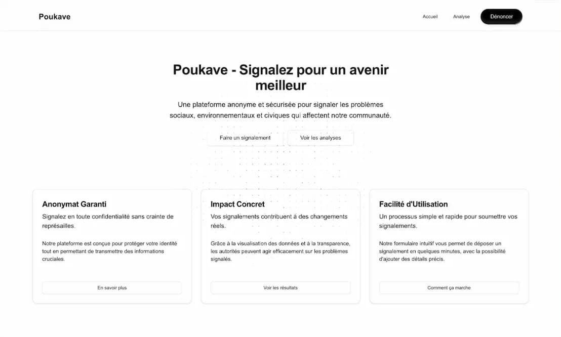 Page d'accueil de Poukaves, plateforme de signalement anonyme développée avec Next.js et Prisma